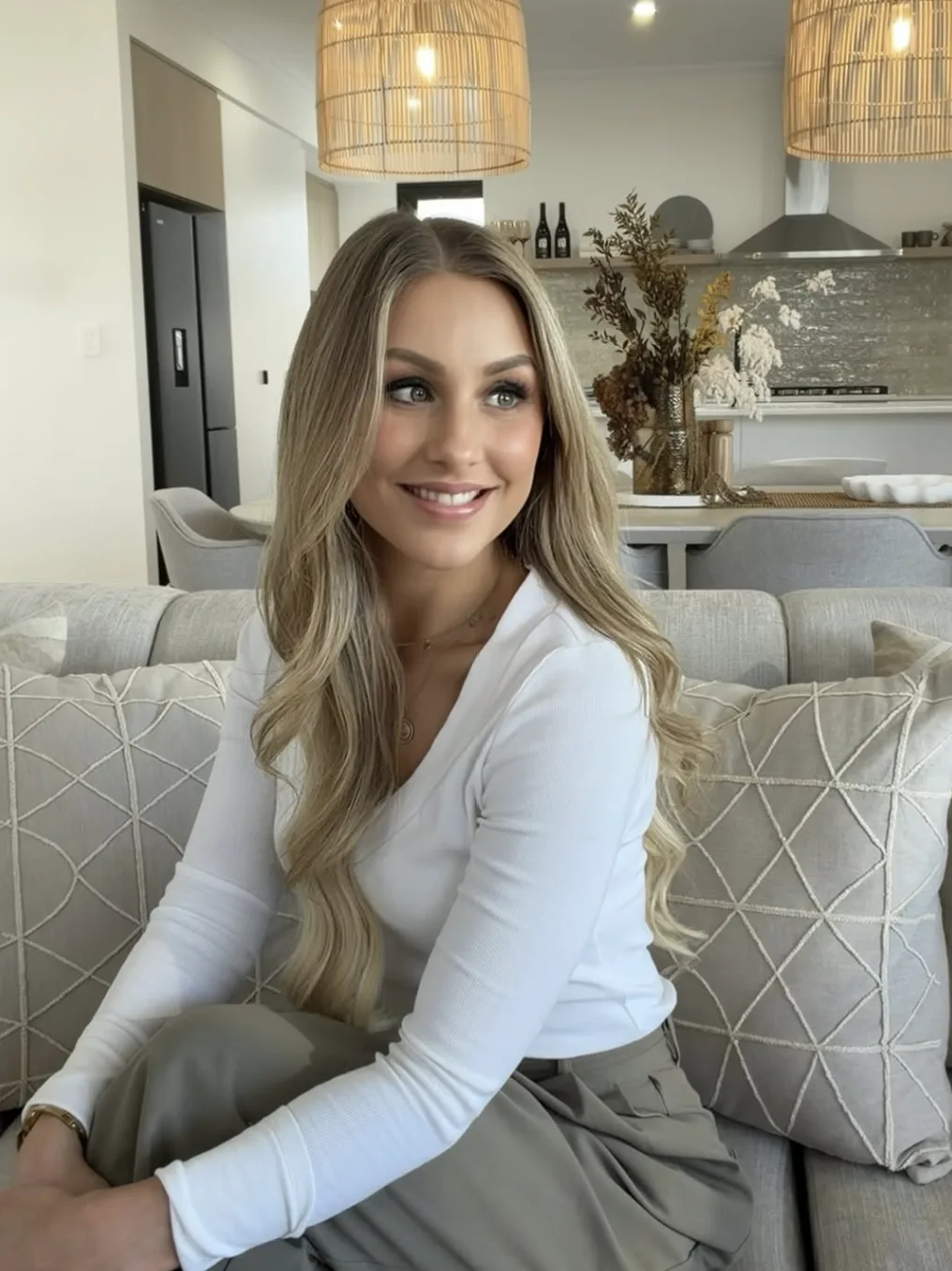 Jo Bovell seated on a sofa in a warm, modern living room